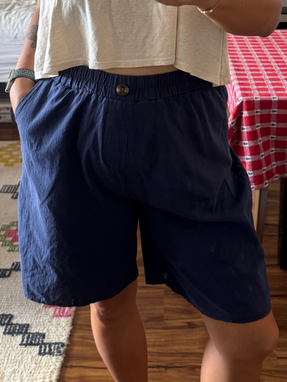Women's Cotton Blend Navy Elastic-Waist Pull On Bermuda Shorts Size L Culottes